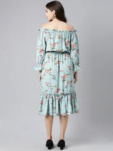 Blue Red Floral Print Off Shoulder Flounce Hem Midi Dress With Waist Tie Ups